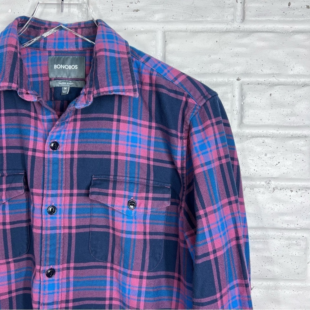 BONOBOS Women’s Tailored Flannel Button Up Ling Sleeve Shirt blue & pink - Picture 2 of 6